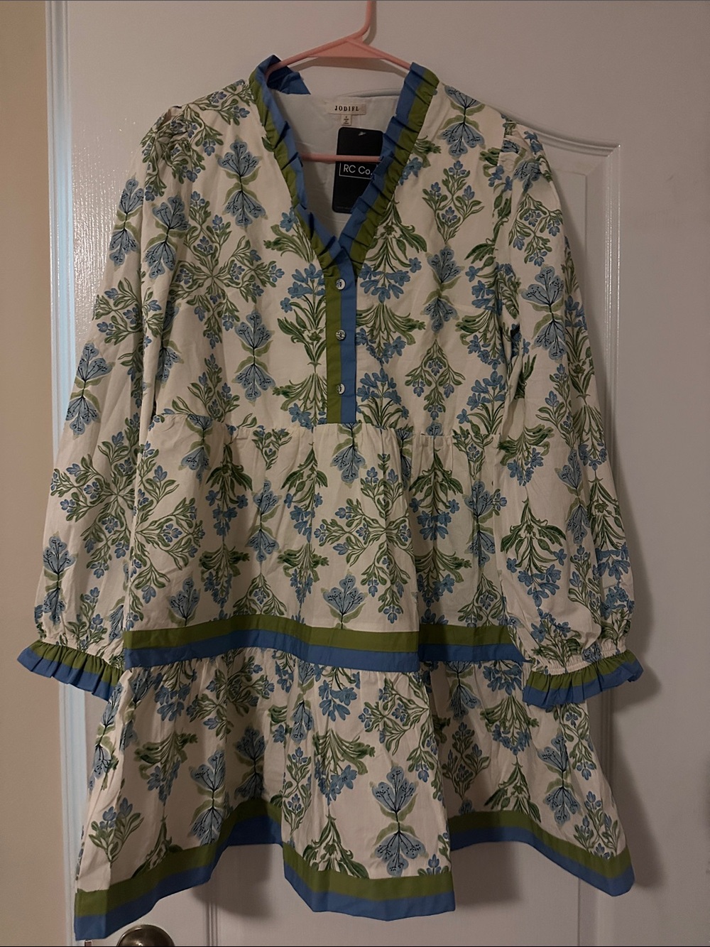 JODIFL Cream Floral Tiered Dress with Blue & Green Trim